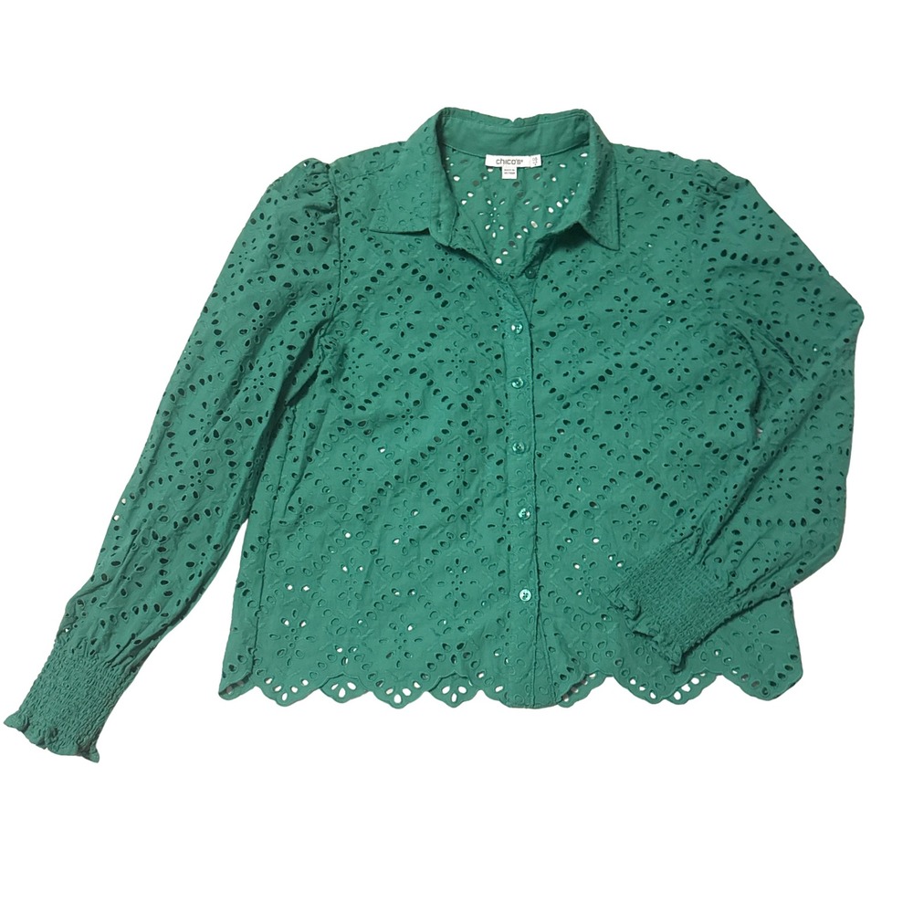 Chicos Green Eyelet Button Down Shirt Scalloped Hem Smocked Cuff Size 0.5 S 6
